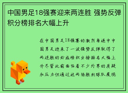 中国男足18强赛迎来两连胜 强势反弹积分榜排名大幅上升 中国男足18强赛迎来两连胜 强势反弹积分榜排名大幅上升